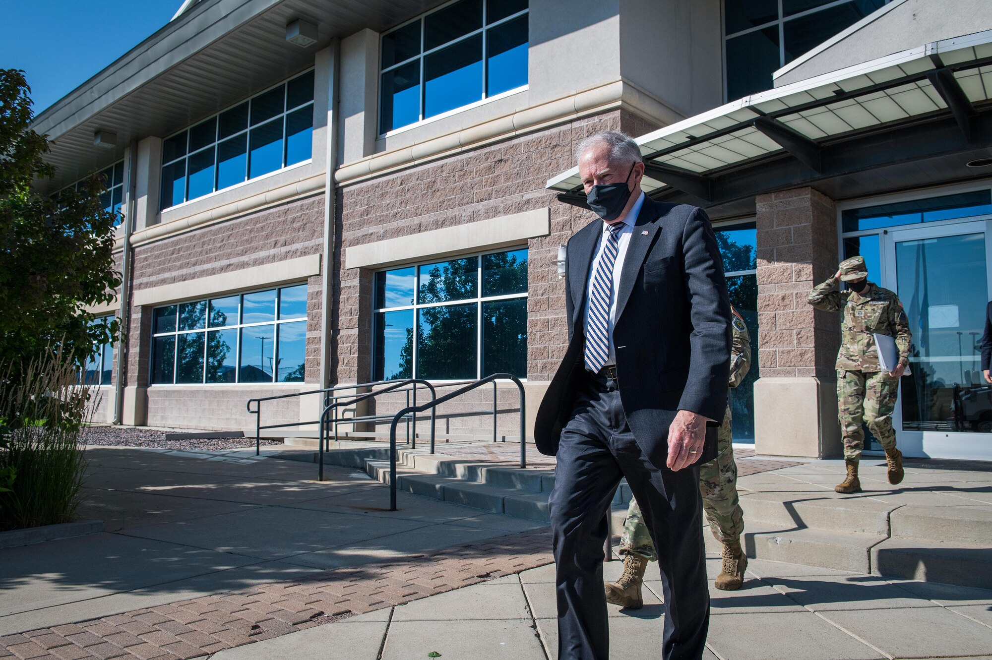 Secretary of the Air Force Frank Kendall departs the Buckley Garrison headquarters building on Buckley Space Force Base, Colo., Aug. 23, 2021.