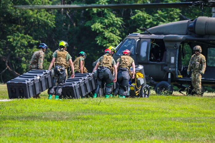 United States Marines and Sailors with Chemical Biological Incident Response Force (CBIRF) conduct Helo training aboard Naval Support Facility Indian Head, Md., on July 20, 2021. CBIRF conducts Helo operations periodically to give personnel the experience in order for response teams to deploy via UH-60 Blackhawks in the event that CBIRF is called to respond and vehicle accessibility is limited.