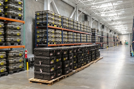 Palettes with a shipment of multiple integrated laser engagement system (MILES) gear waits to be loaded directly onto a truck at the new 63,000-square-foot Training Support Center (TSC) opened at Fort Indiantown Gap in early 2020. The facility consolidates the operations previously located in six World War II-era buildings into one state-of-the-art facility. (U.S. Army National Guard photo by Staff Sgt. Zane Craig)