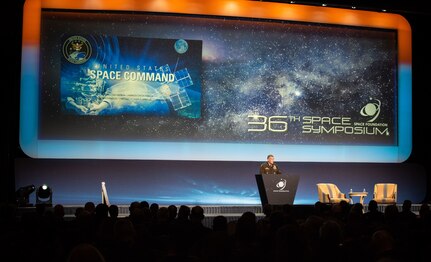 Army general speaks during Space Symposium.