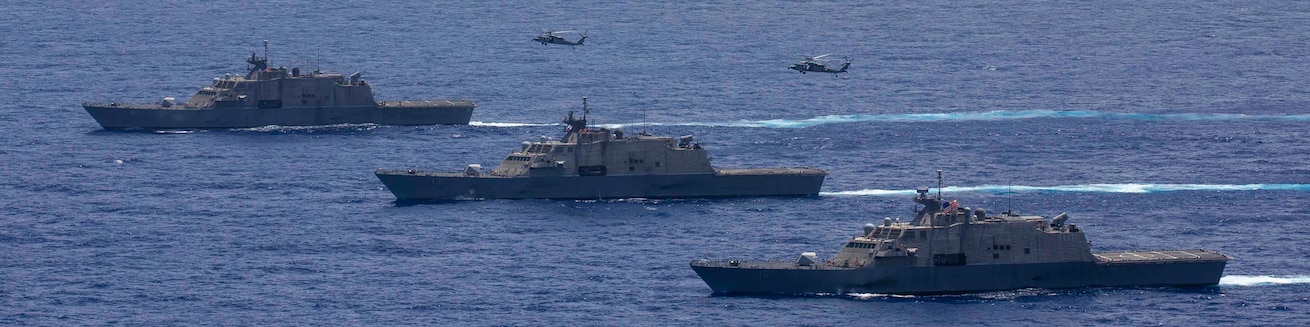 CARIBBEAN SEA - (July 4, 2021) – The Freedom-variant littoral combat ships USS Sioux City (LCS 11), USS Wichita (LCS 13), USS Billings (LCS 15), and their embarked aviation detachments participate in a maritime training exercise, July 4, 2021. This exercise marks the first time three Freedom-variant littoral combat ships are deployed and operating together. Sioux City, Wichita, and Billings are deployed to the U.S. 4th Fleet area of operations to support Joint Interagency Task Force South’s mission, which includes counter-illicit drug trafficking missions in the Caribbean and Eastern Pacific. (U.S. Navy photo by Mass Communication Specialist 3rd Class Austin G. Collins/Released)