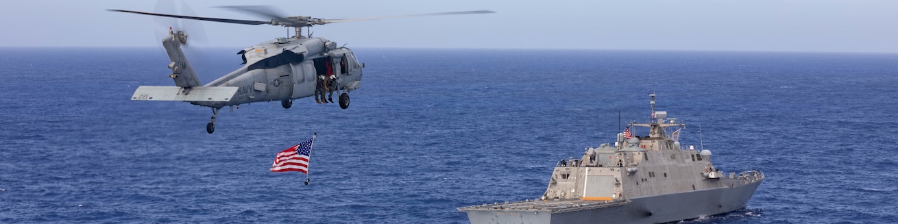 CARIBBEAN SEA - (July 4, 2021) – The Freedom-variant littoral combat ship USS Billings (LCS 15) and its embarked aviation detachment, participate in a maritime training exercise with the Freedom-variant littoral combat ships USS Sioux City (LCS 11) and USS Wichita (LCS 13), July 4, 2021. This exercise marks the first time three Freedom-variant littoral combat ships are deployed and operating together. Sioux City, Wichita, and Billings are deployed to the U.S. 4th Fleet area of operations to support Joint Interagency Task Force South’s mission, which includes counter-illicit drug trafficking missions in the Caribbean and Eastern Pacific. (U.S. Navy photo by Mass Communication Specialist 2nd Class Marianne Guemo/Released)