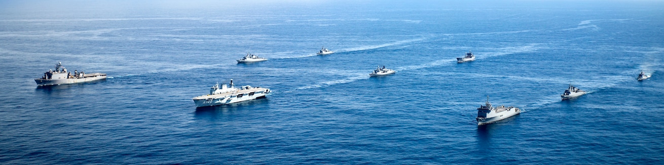 Naval ships from Brazil, Peru, Argentina and the United States conduct naval formations during a training exercise for UNITAS LX in Brazil Aug. 24, 2019. The exercise was done to test interoperability and communication between the partner nations. UNITAS is the world's longest-running, annual exercise and brings together multinational forces from 11 countries to include Brazil, Colombia, Peru, Chile, Argentina, Ecuador, Panama, Paraguay, Mexico, Great Britain and the United States. The exercise focuses in strengthening the existing regional partnerships and encourages establishing new relationships through the exchange of maritime mission-focused knowledge and expertise during multinational training operations. (U.S. Marine Corps photo by Sgt. Daniel Barriospirela)