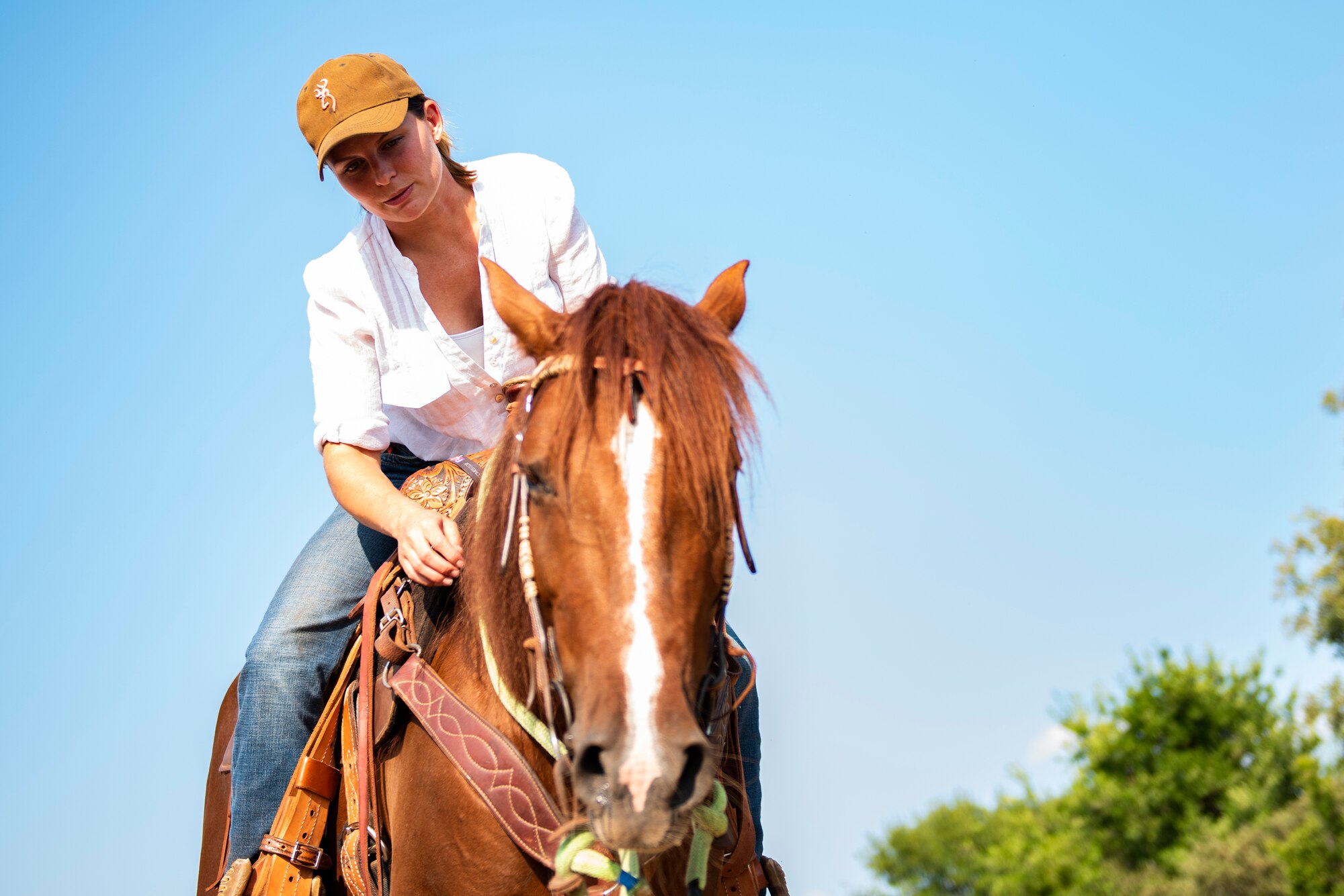 Staff Sgt. Melissa Sekerak, 7th Munitions Squadron stockpile management supervisor, rides her horse, Malibu, in Hawley, Texas, July 20, 2021.