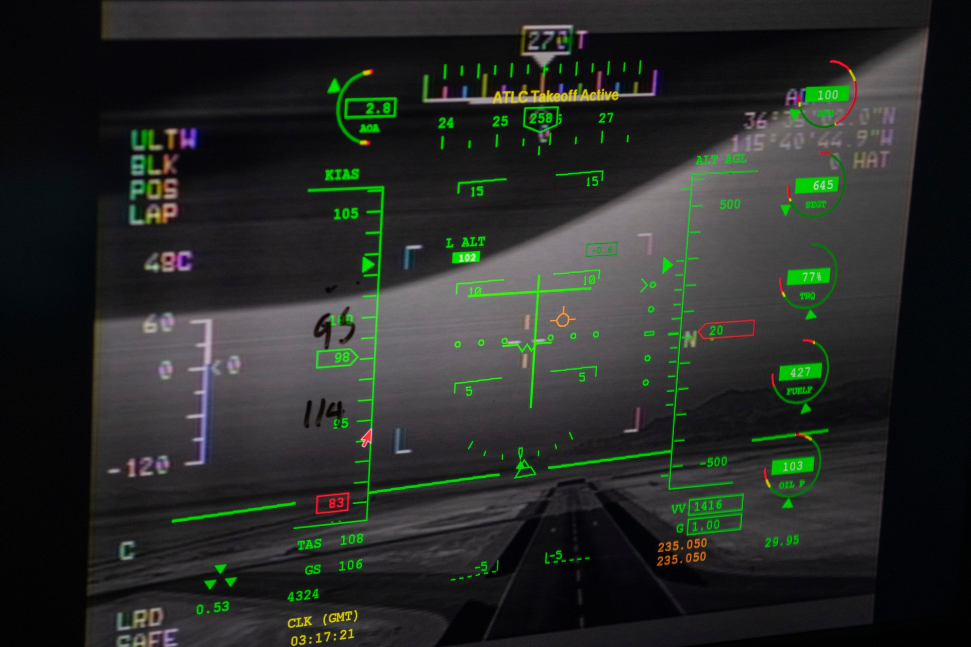 A display screen shows an MQ-9 Reaper taking off using the Automatic Takeoff and Landing Capability at Creech Air Force Base.