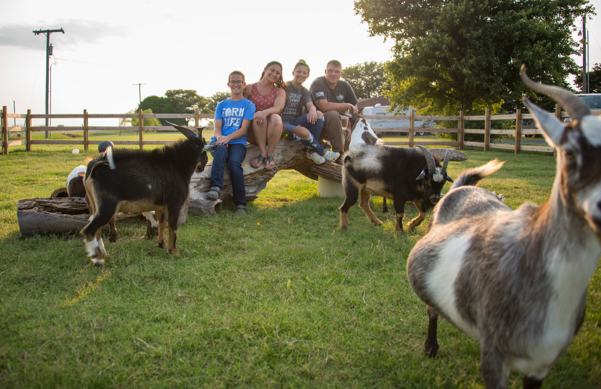 The Kessler family poses for a photo with their goats on 1AB Ranch in Altus, Oklahoma, Aug. 5, 2021. The family moved to their ranch in October of 2020 and have since amassed a number of goats, pigs, ducks, roosters and more. (U.S. Air Force photo by Senior Airman Amanda Lovelace)