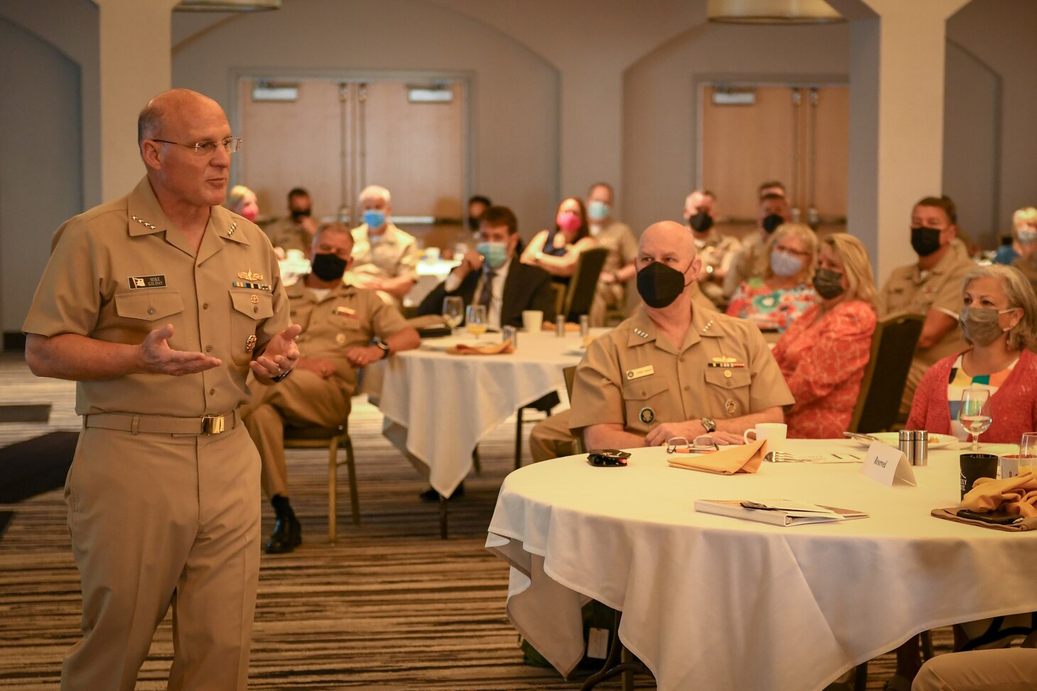 SAN DIEGO (Aug. 24, 2021) Chief of Naval Operations (CNO) Adm. Mike Gilday speaks at the Surface Warfare Officer Flag Officer Training Symposium on Naval Air Station North Island, calif., Aug. 24. CNO was in Dan Diego to meet with Sailors and see first-hand the work they are doing. (U.S. Navy photo by Mass Communication Specialist 2nd Class Alex Millar)