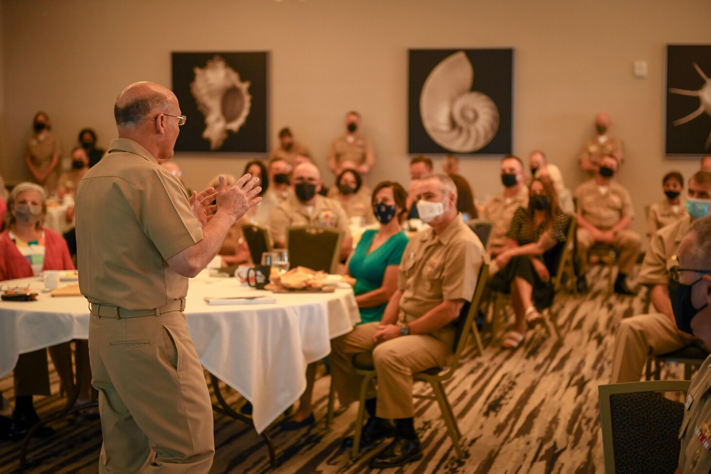 SAN DIEGO (Aug. 24, 2021) Chief of Naval Operations (CNO) Adm. Mike Gilday speaks at the Surface Warfare Officer Flag Officer Training Symposium on Naval Air Station North Island, calif., Aug. 24. CNO was in Dan Diego to meet with Sailors and see first-hand the work they are doing. (U.S. Navy photo by Mass Communication Specialist 2nd Class Alex Millar)