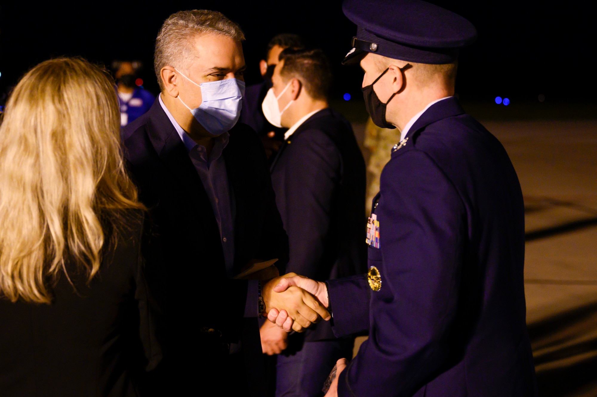 President Ivan Duque of Colombia meets with U.S. Air Force Col. Robert Lowe, 375th Air Mobility Wing vice commander at the flightline on Scott Air Force Base, Illinois, August 23, 2021. President Ivan Duque of Colombia and his team landed at Scott AFB in order to process with United States Custom and Border Protection and refuel their aircraft. (U.S. Air Force photo by Staff Sgt. Dalton Williams)