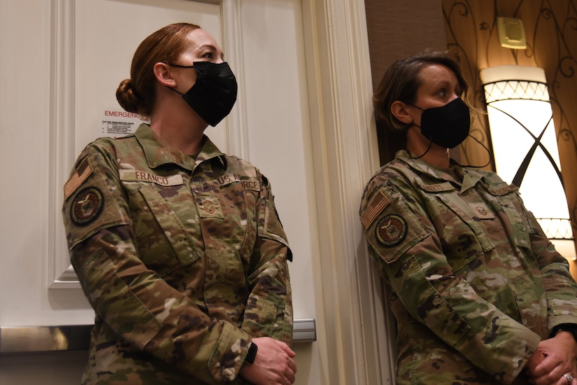 Senior Master Sergeant Sgt. Stephanie Franco, production superintendent for the 338th Recruiting Squadron based at Wright-Patterson Air Force Base, Ohio, and Master Sgt. Meagan Roberts from headquarters, Air Force Recruiting Service, Joint Base San Antonio, Randolph, Texas, monitors the “Celebrating Sisterhood Through Empowerment, Progress, and Change” Women’s Symposium in San Antonio, Texas, Aug. 10, 2021. Franco and Roberts were on the team that organized the symposium which lasted through Aug. 12 and had more than 100 participants from throughout the U.S. representing the Air Force, Air Force Reserve, and Air National Guard.