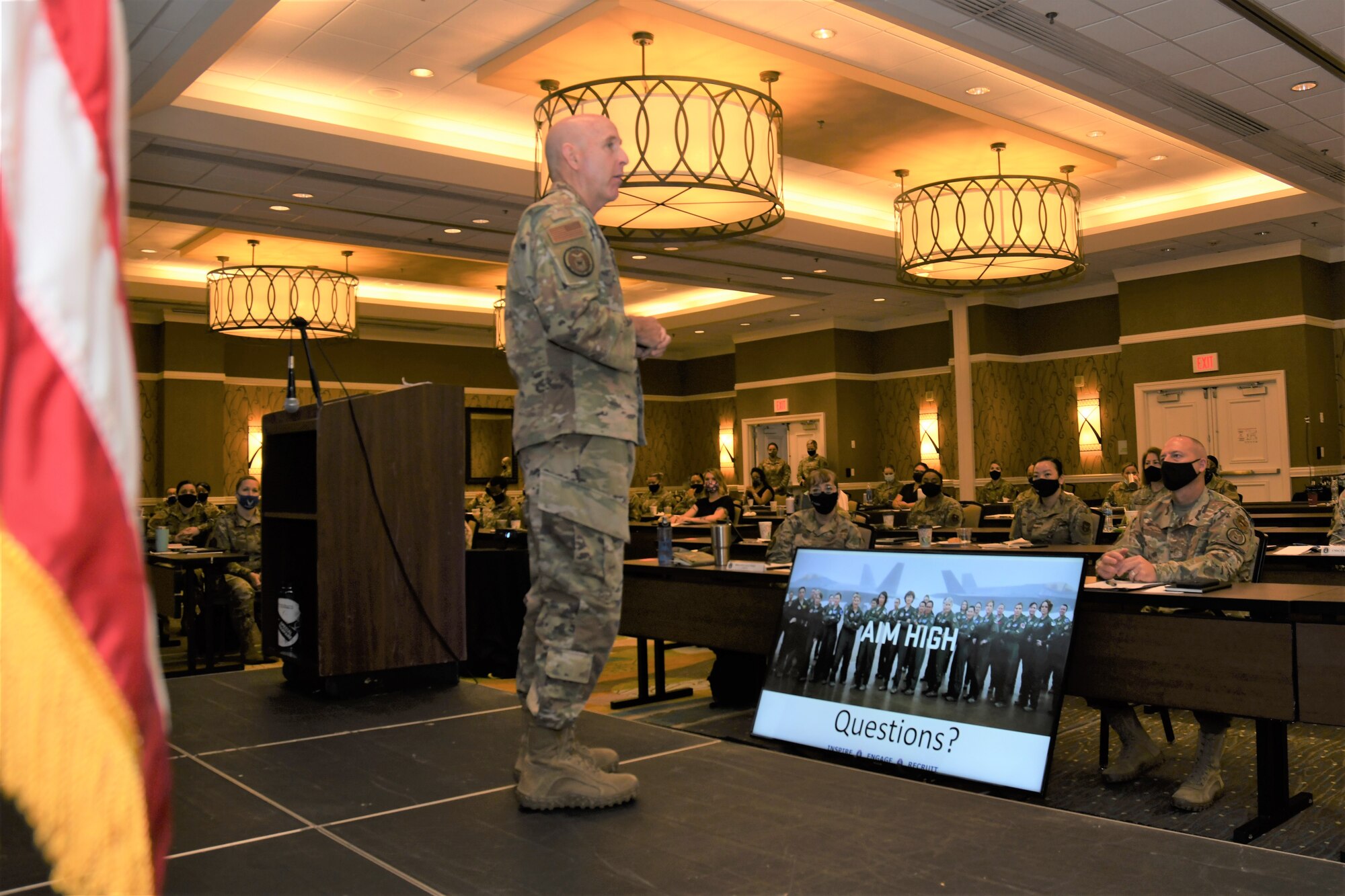 Maj. Gen. Ed Thomas, Air Force Recruiting Service commander, takes questions from the audience during opening remarks at the “Celebrating Sisterhood Through Empowerment, Progress, and Change” Women’s Symposium in San Antonio, Texas, Aug. 10, 2021. The symposium lasted through Aug. 12 and had more than 100 participants from throughout the U.S. representing the Air Force, Air Force Reserve, and Air National Guard.