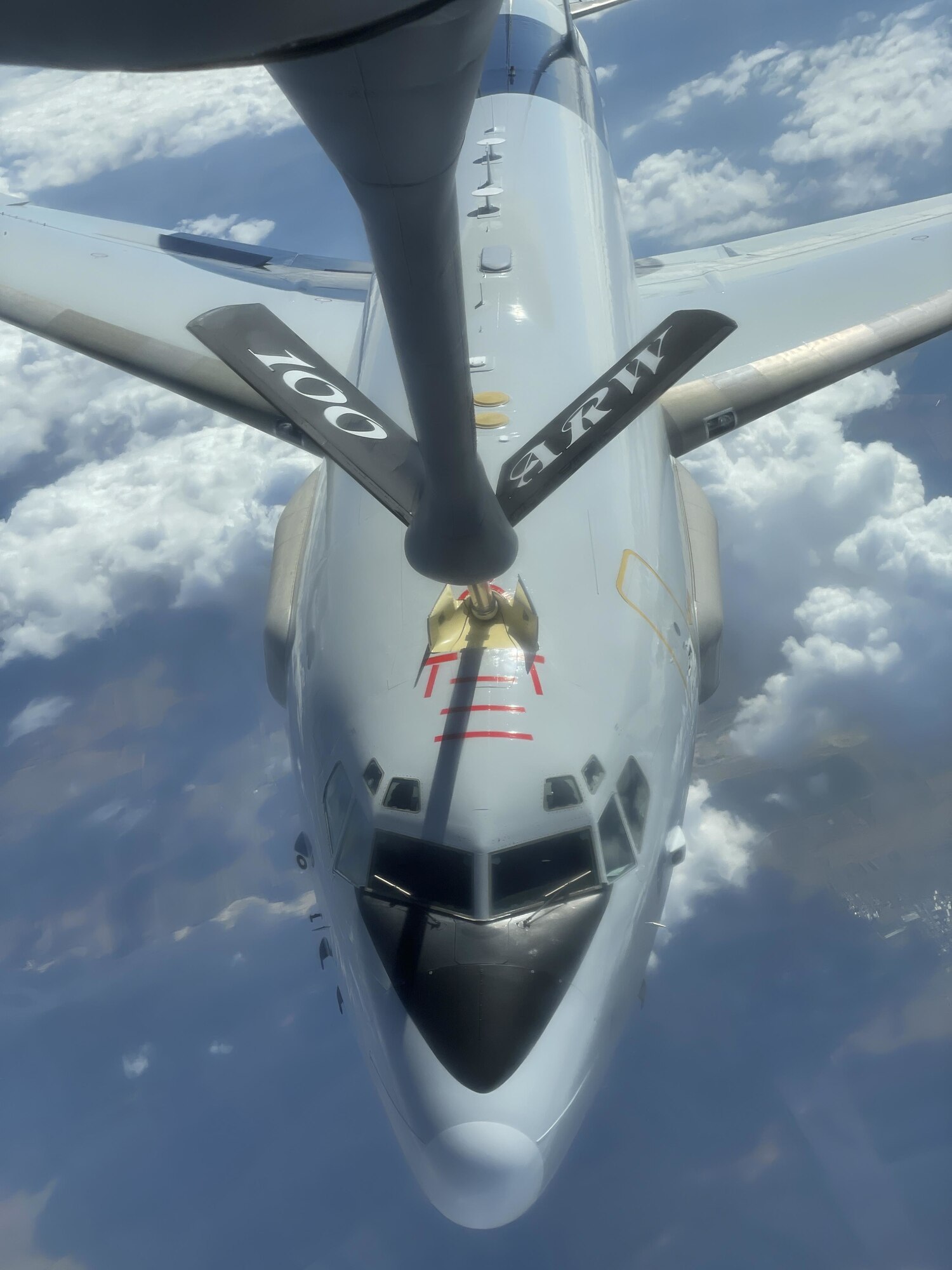 A NATO E-3 Sentry aircraft assigned to Geilenkirchen NATO Air Base, Germany, receives fuel from a U.S. Air Force KC-135 Stratotanker aircraft assigned to the 100th Air Refueling Wing, Royal Air Force Mildenhall, England, over Europe, Aug. 19, 2021. Training with NATO forces enhances the collective security of the European continent. (U.S. Air Force photo by Senior Airman Joseph Barron)