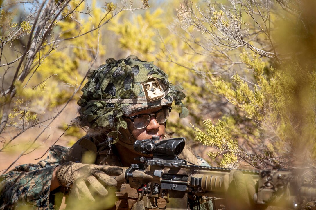 A Marine crouches behind brush with a weapon.