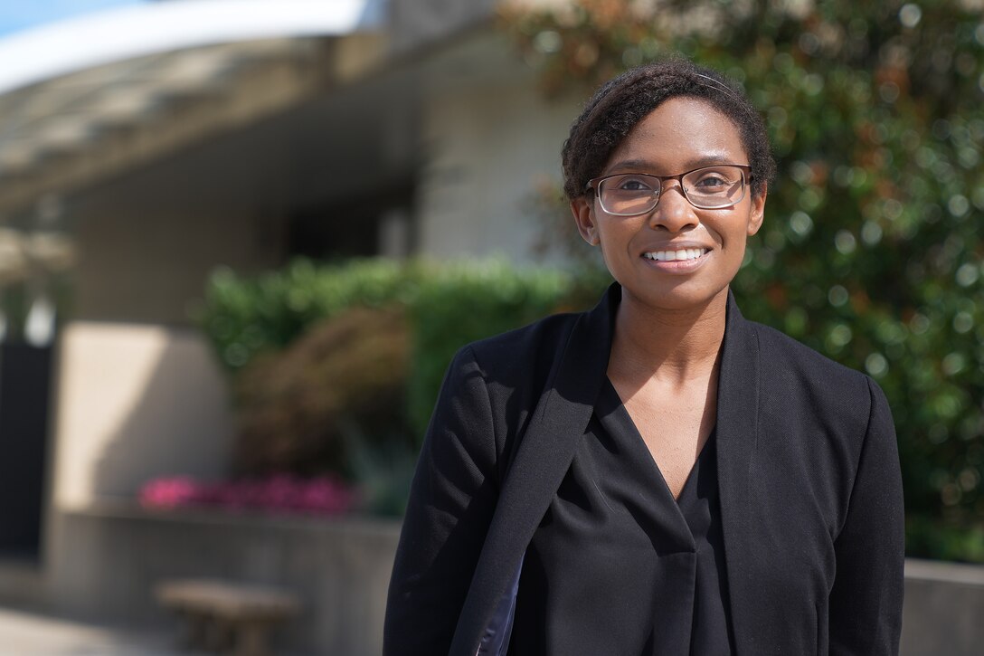 Aura Teasley, U.S. Air Force Premier College Intern, stands at U.S. Cyber Command, Fort George G. Meade, Md., Aug. 18, 2021.