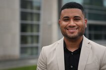 Jimmy Rodriguez, U.S. Air Force Premier College Intern, stands near the U.S. Cyber Command Integrated Cyber Center at Fort George G. Meade, Md., Aug. 18, 2021.
