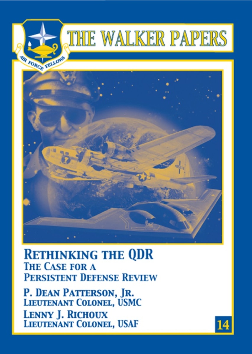 P. Dean Patterson and Lenny J. Richoux offer a cogent argument for a Department of Defense quadrennial defense review (QDR). Having been established in 1997, the QDR is a relatively new process. It examines the budgetary process to ensure that taxpayers’ money is well spent. At the same time, it is equally important to ensure that each service receives its far share of the allocation pie. Abandoning the QDR, enlarging it, or creating a persistent QDR are the only viable options the authors believe are available. Of the three choices, Patterson and Richoux believe that creating a persistent QDR provides the best option. [Lt Col P. Dean Patterson, Jr., USMC and Lt Col Lenny J. Richoux, USAF / 2009 / 72 pages / ISBN: 978-1-58566-188-6 / AU Press Code: P-62]
