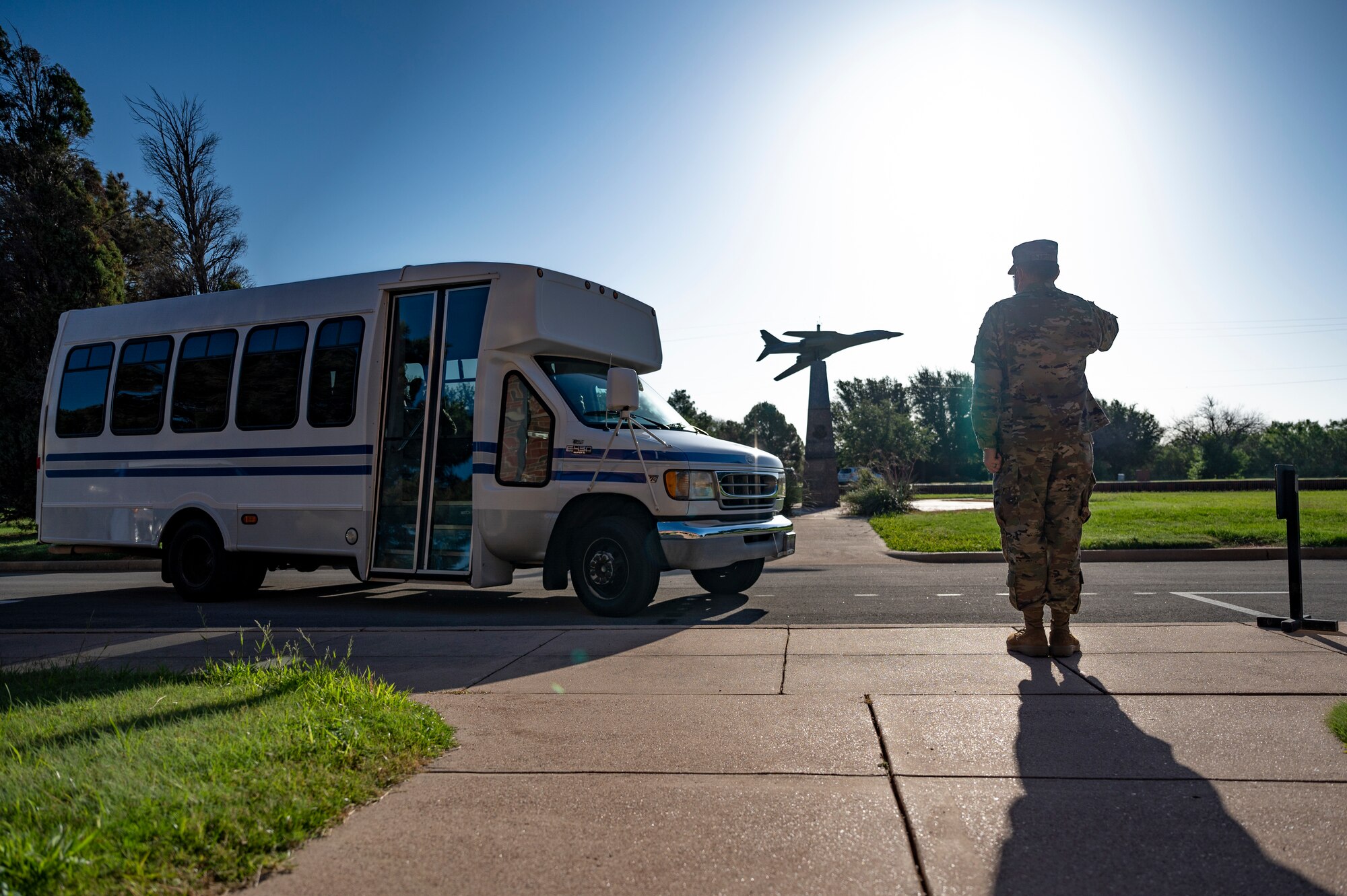 Col. Kevin Kippie, 7th Bomb Wing vice commander, salutes as Maj. Gen. Andrew Gebara, 8th Air Force and Joint-Global Strike Operations Center commander, arrives at the wing headquarters building at Dyess Air Force Base, Texas, Aug. 23, 2021. Gebara visited Dyess AFB to gain an understanding of the B-1B Lancer’s mission and role in indefinite strategic deterrence operations. (U.S. Air Force photo by Senior Airman Colin Hollowell)