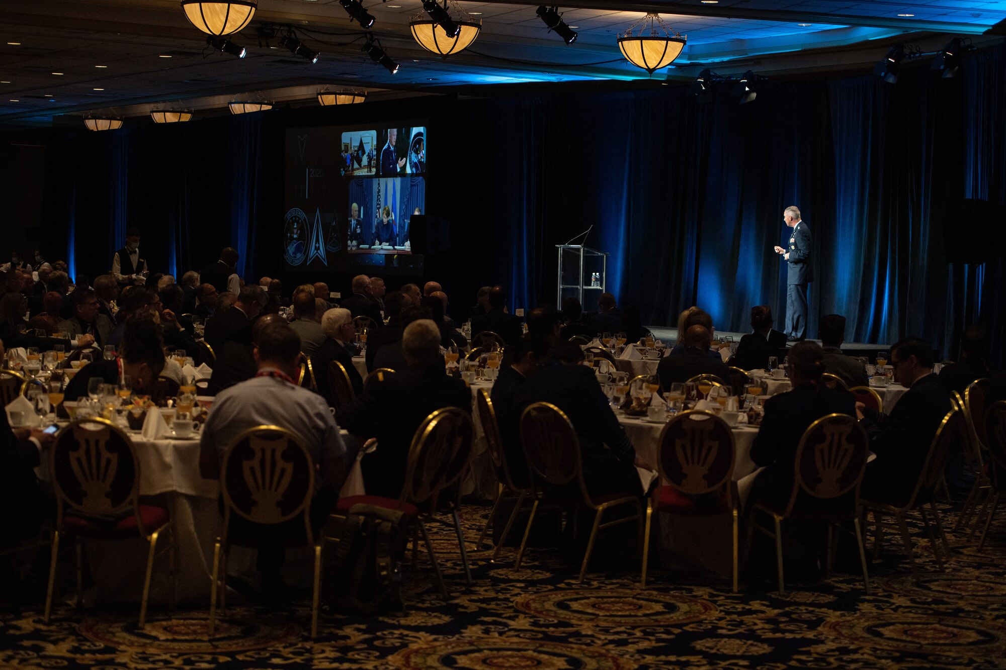 Lt. Gen. Stephen N. Whiting, Space Operations Command commander, delivers a presentation at Space Symposium’s Satellite Forum Breakfast on Aug. 25, 2021.