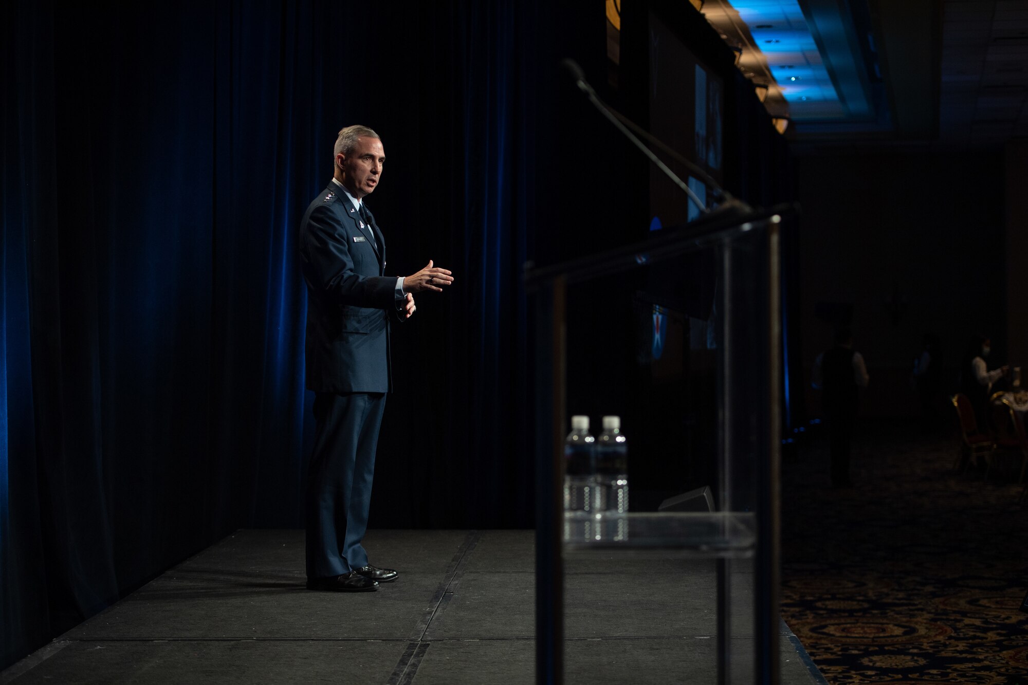 Lt. Gen. Stephen N. Whiting, Space Operations Command commander, delivers a speech at Space Symposium’s Satellite Forum Breakfast on Aug. 25, 2021.