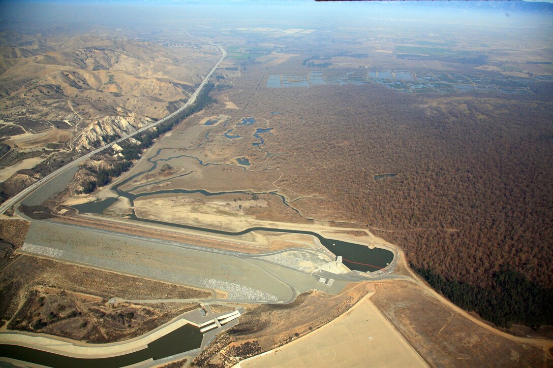 Aerial view of the Prado Dam, a U.S. Army Corps of Engineers structure near Corona, California.