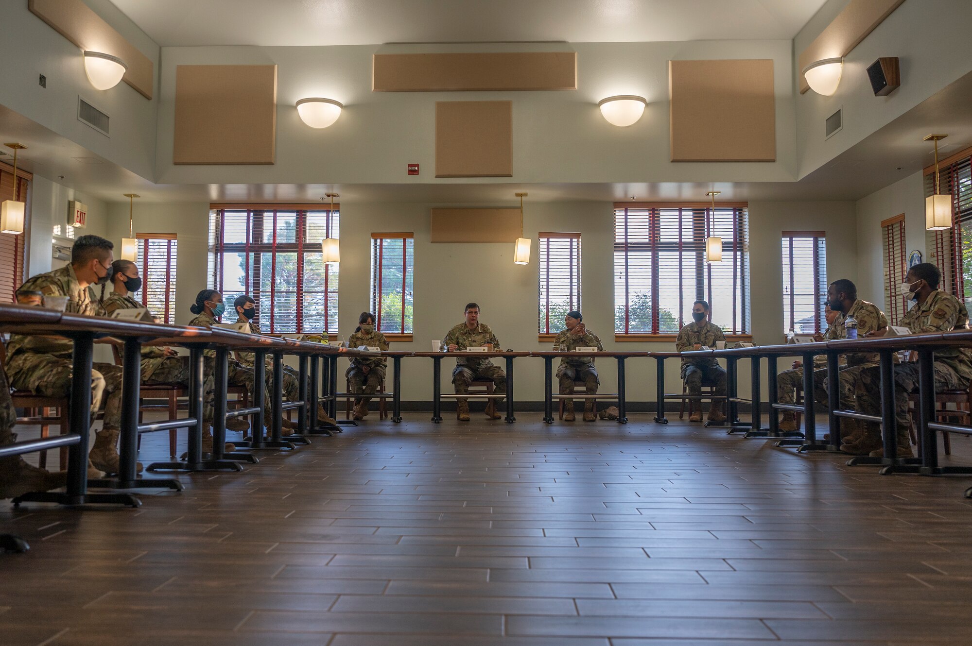 Maj. Gen. Andrew Gebara, 8th Air Force and Joint-Global Strike Operations Center commander, joins Airmen assigned to the 7th Bomb Wing for breakfast at Dyess Air Force Base, Texas, Aug. 23, 2021. Gebara visited Dyess AFB and met with several 7th BW Airmen to see the ways they are contributing to the global strike mission. (U.S. Air Force photo by Senior Airman Colin Hollowell)