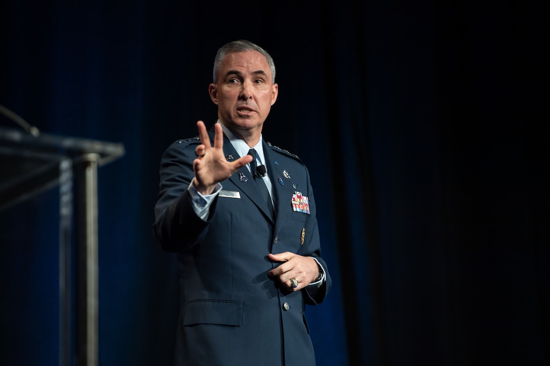 Lt. Gen. Stephen N. Whiting, Space Operations Command commander, addresses an audience of military and commercial space professionals at Space Symposium’s Satellite Forum Breakfast on Aug. 25, 2021.