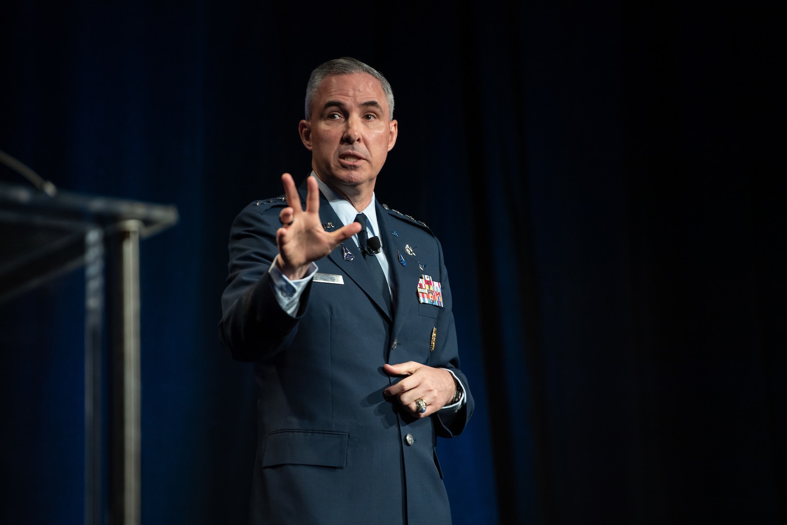 Lt. Gen. Stephen N. Whiting, Space Operations Command commander, addresses an audience of military and commercial space professionals at Space Symposium’s Satellite Forum Breakfast on Aug. 25, 2021.