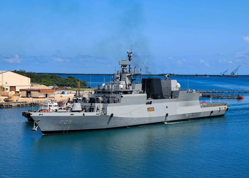 The Indian navy anti-submarine warfare corvette INS Kadmatt (P29) sails into Apra Harbor, Guam, August 21, 2021, as part of Malabar 2021.