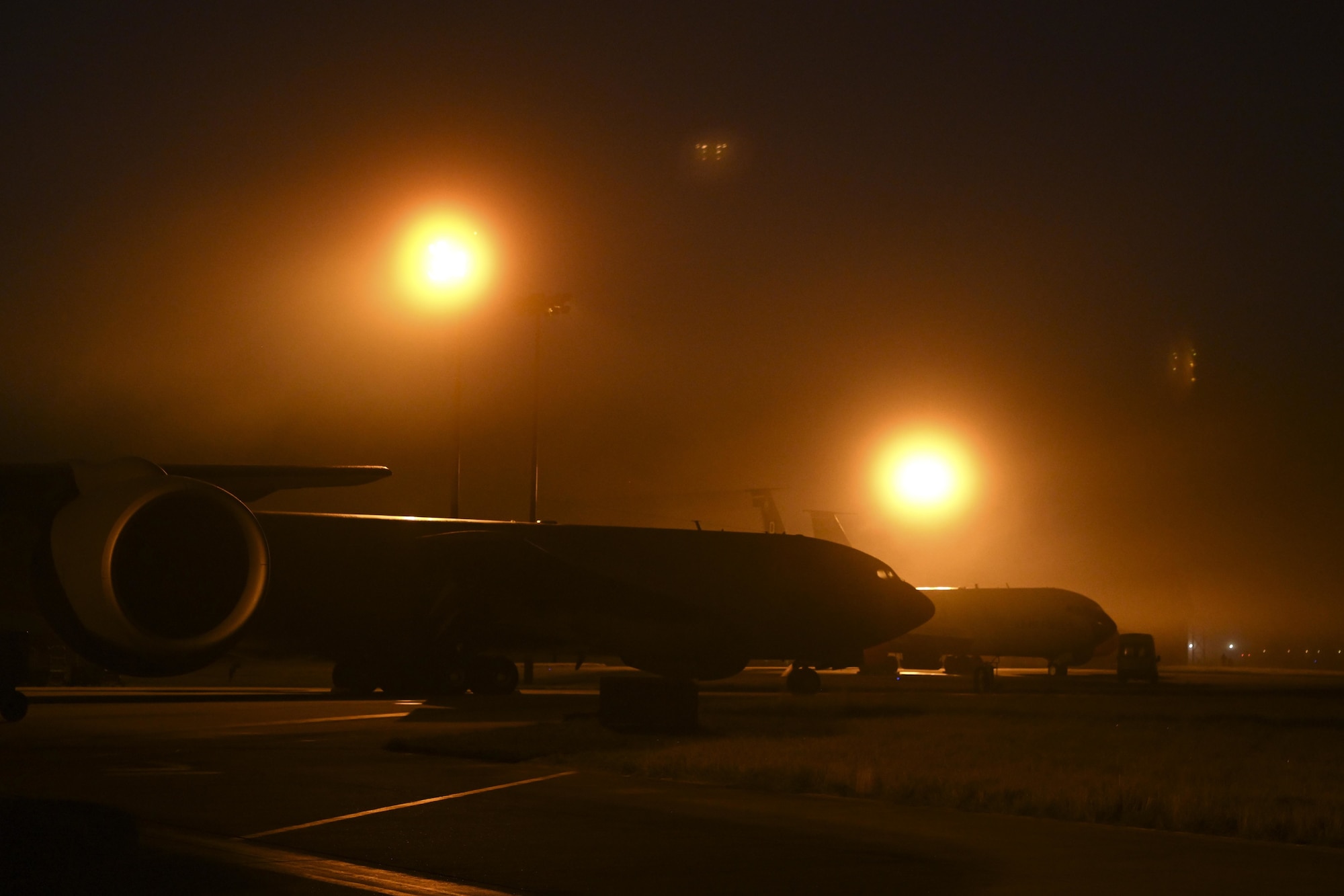 U.S. Air Force KC-135 Stratotanker aircraft assigned to the 100th Air Refueling Wing, Royal Air Force Mildenhall, England, sit on the flightline at RAF Mildenhall, England, Aug. 24, 2021. The 100th ARW is the only permanent U.S. air refueling wing in the European theater, providing the critical air refueling “bridge” which allows the expeditionary Air Force to deploy around the globe at a moment’s notice. (U.S. Air Force photo by Senior Airman Joseph Barron)