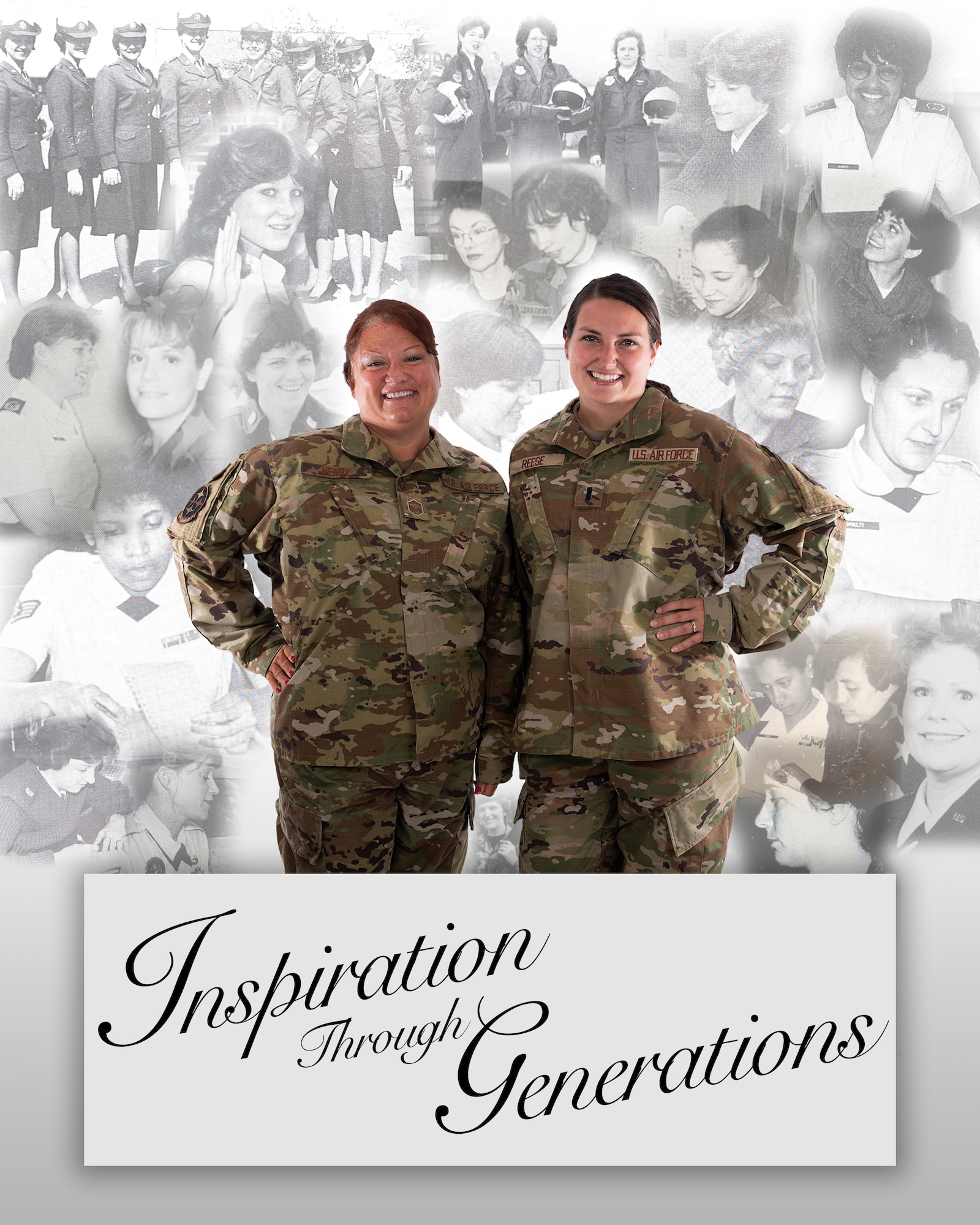 A graphic image showing a mother and daughter serving together in the air national guard and in the background the faces of women who served before them.