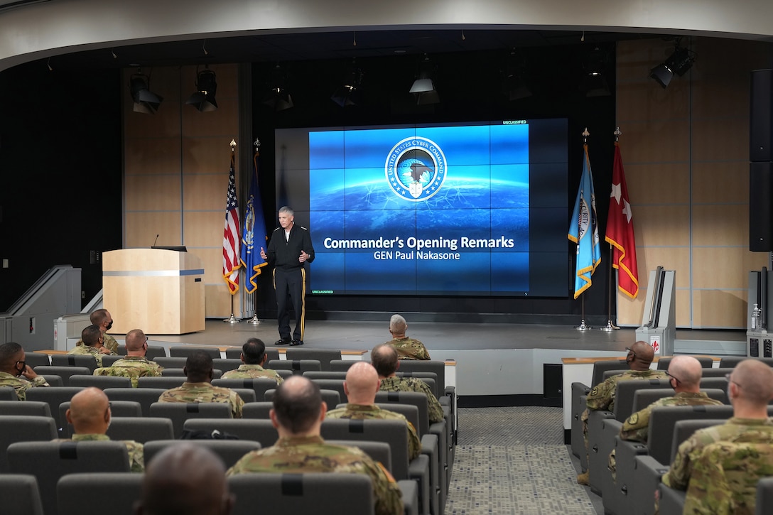 U.S. Army General Paul M. Nakasone, U.S. Cyber Command  commander and National Security Agency director, presents opening remarks for the 10th annual Reserve Component Summit at Fort George G. Meade, Md., Aug. 20, 2021.