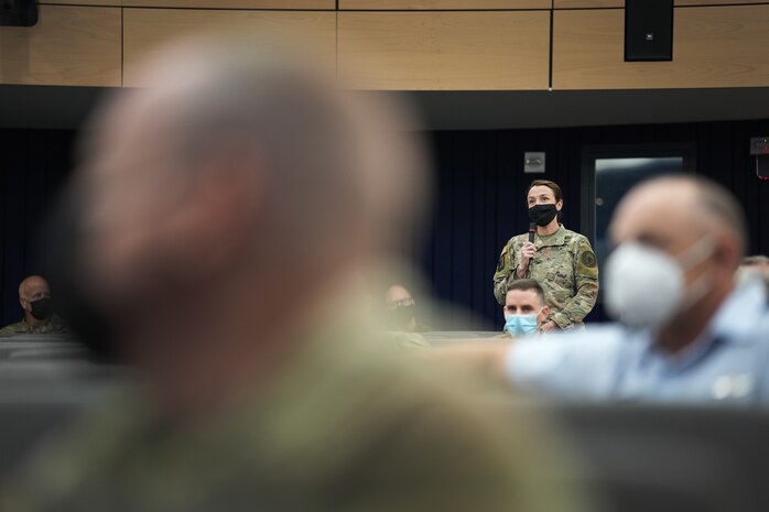 A U.S. Cyber Command member poses a question during the 10th annual Reserve Component Summit at Fort George G. Meade, Md., Aug. 20, 2021.