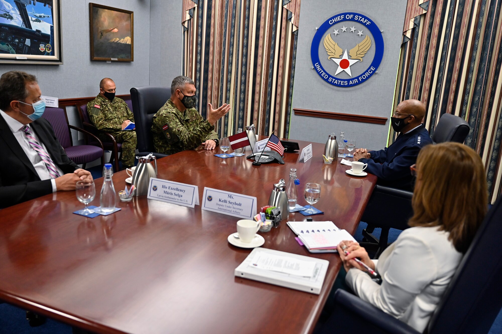 Lt. Gen. Leonids Kalnins, center left, Latvia chief of defense, speaks with Air Force Chief of Staff Gen. CQ Brown, Jr. during a meeting