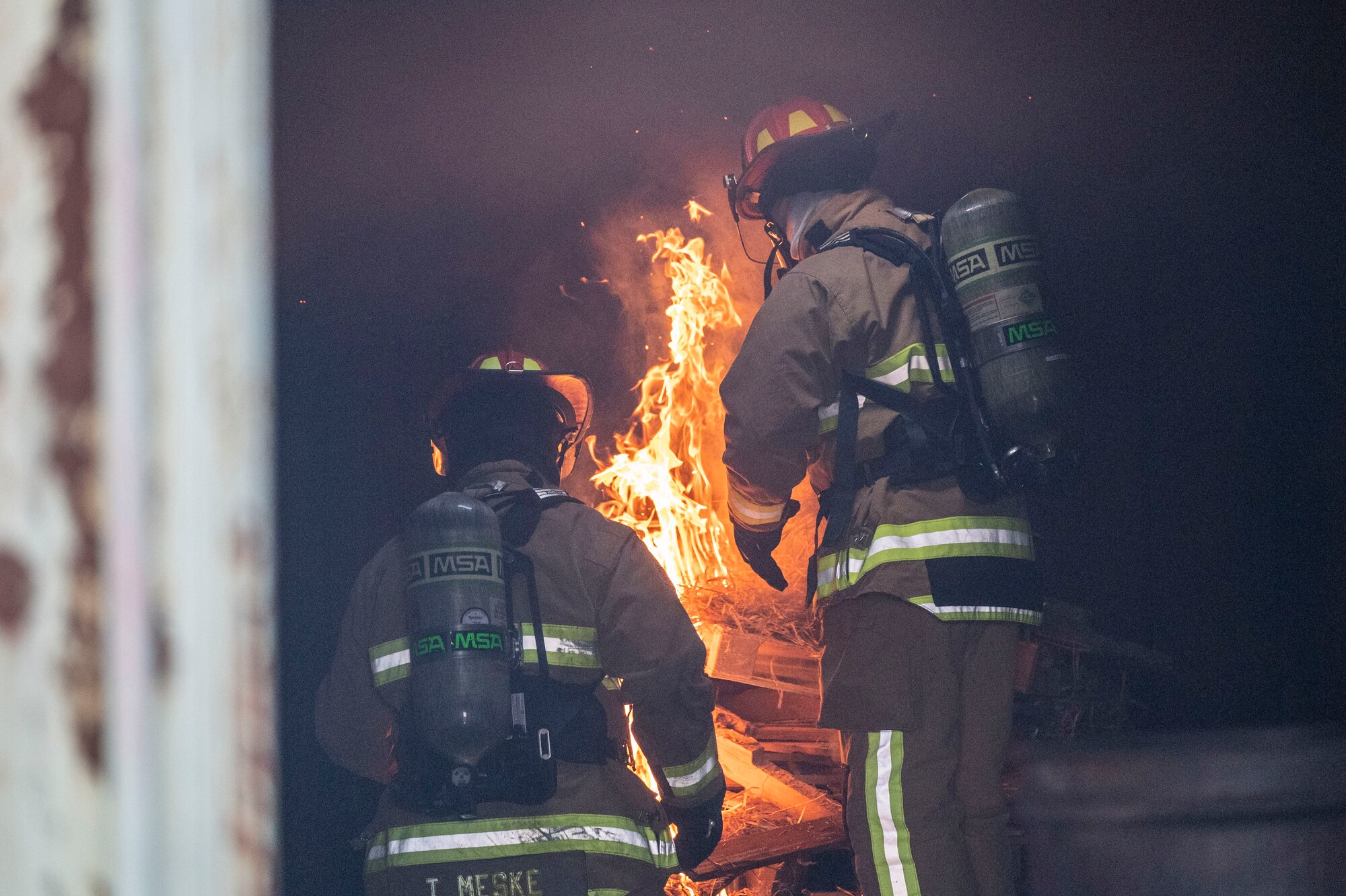 Citizen Airman, assigned to the 932nd Airlift Wing, Mission Support Group, participate in firefighter contingency training at Dobbins Air Force Base, Ga., March 18, 2021. The two week training culminated in three days filled with various types of fires and rescue calls. (U.S. Air Force Photo by Mr. Christopher Parr)