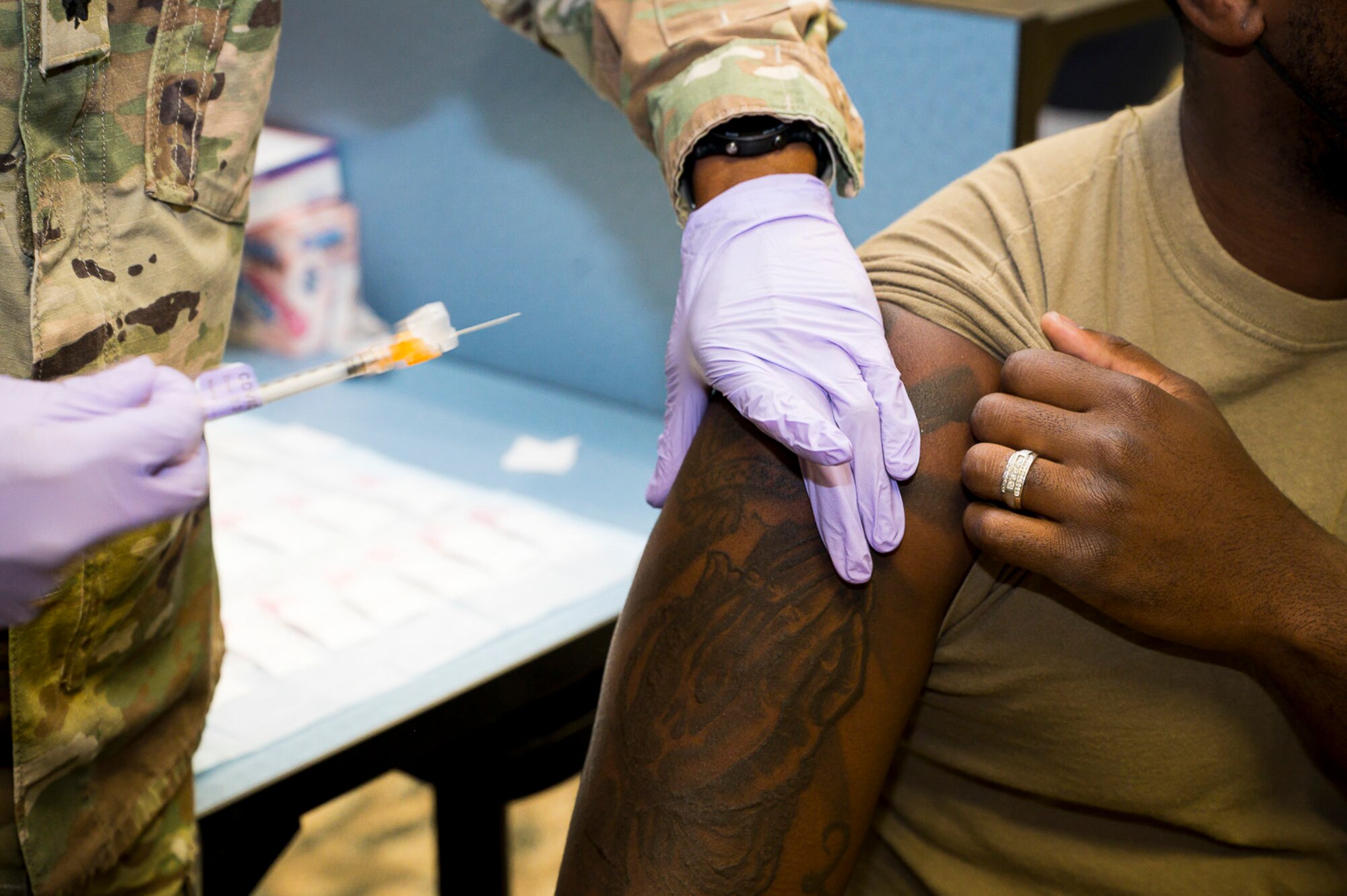 412th Medical Group begins to administer mandatory COVID-19 vaccinations at the Airman and Family Readiness Center on Edwards Air Force Base, California, Aug. 25. Secretary of Defense Lloyd J. Austin III issued a memorandum directing mandatory COVID-19 vaccinations for service members. John F. Kirby, Pentagon press secretary, said only Food and Drug Administration-approved vaccines will be mandatory. (Air Force photo by Katherine Franco)