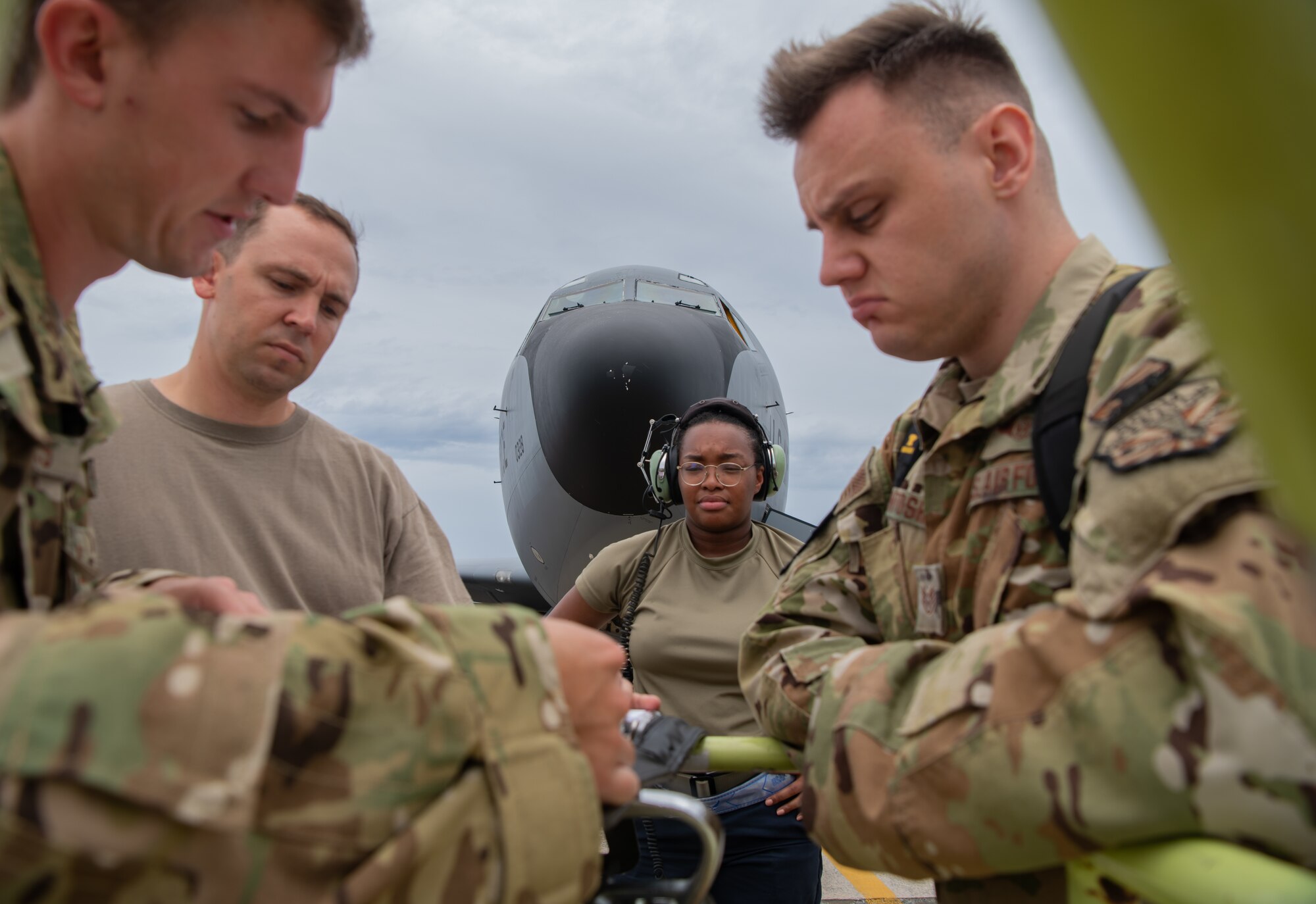 Airmen from the 18th Wing conduct a preflight checklist for a KC-135 Stratotanker assigned to the 909th Refueling Squadron at Kadena Air Base, Japan, in support of Large Scale Global Exercise 21, Aug. 18, 2021. LSGE21 contributes to the security of strategic lines of communications in the Indo-Pacific region, which benefits nations across the globe.(U.S. Air Force photo by Tech. Sgt. Micaiah Anthony)