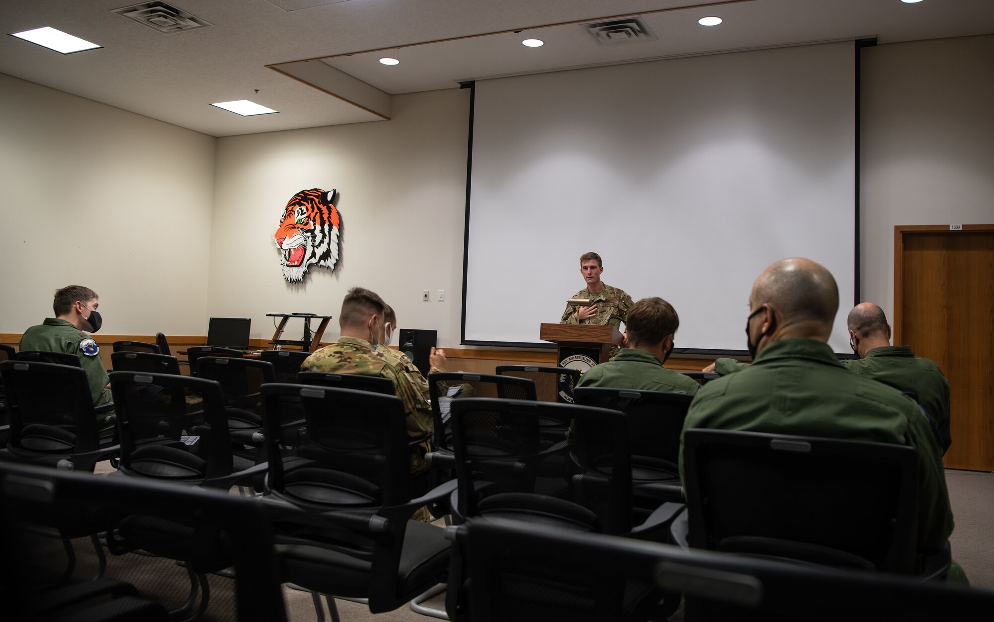U.S. Air Force Capt. Daniel Thomas, 909th Air Refueling Squadron pilot, gives a preflight briefing at Kadena Air Base, Japan, Aug. 18, 2021. Kadena Air Base participated in Large Scale Global Exercise 21, which is a Department of Defense exercise sponsored by U.S. Indo-Pacific Command. (U.S. Air Force photo by Tech. Sgt. Micaiah Anthony)