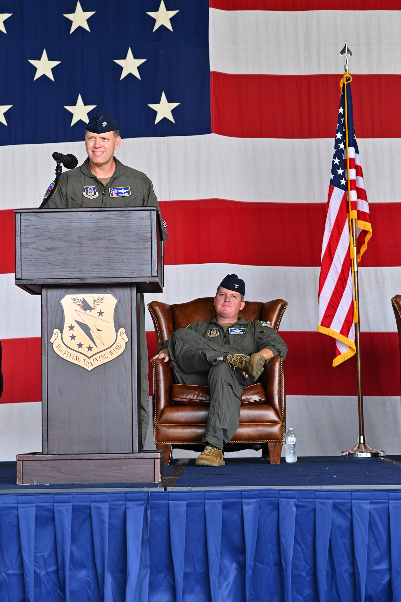 U.S. Air Force Lt. Col. David Easterling, incoming 43rd Flying Training Squadron commander, gives a speech at the 43rd FTS Change of Command ceremony at the Walker Center, Aug. 26, 2021, on Columbus Air Force Base, Miss. The 43rd FTS is an Air Force Reserve unit providing Active Guard Reserve (AGR) and Traditional Reserve (TR) instructor pilots to aid in creating pilots. (U.S. Air Force photo by Senior Airman Jake Jacobsen)