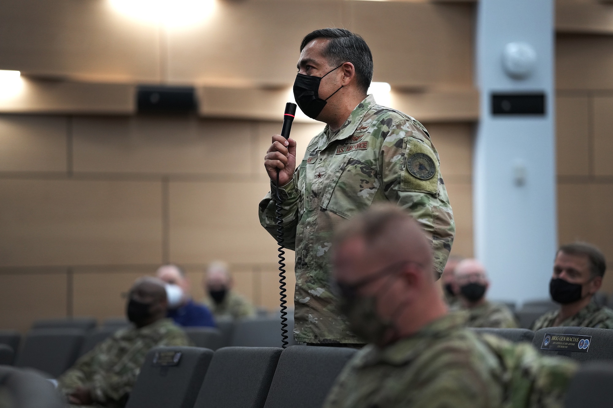 Brig. Gen. Vic Macias, U.S. Cyber Command, Cyber National Mission Force deputy commander,  poses a question during the 10th annual Reserve Component Summit at Fort George G. Meade, Md., Aug. 20, 2021.