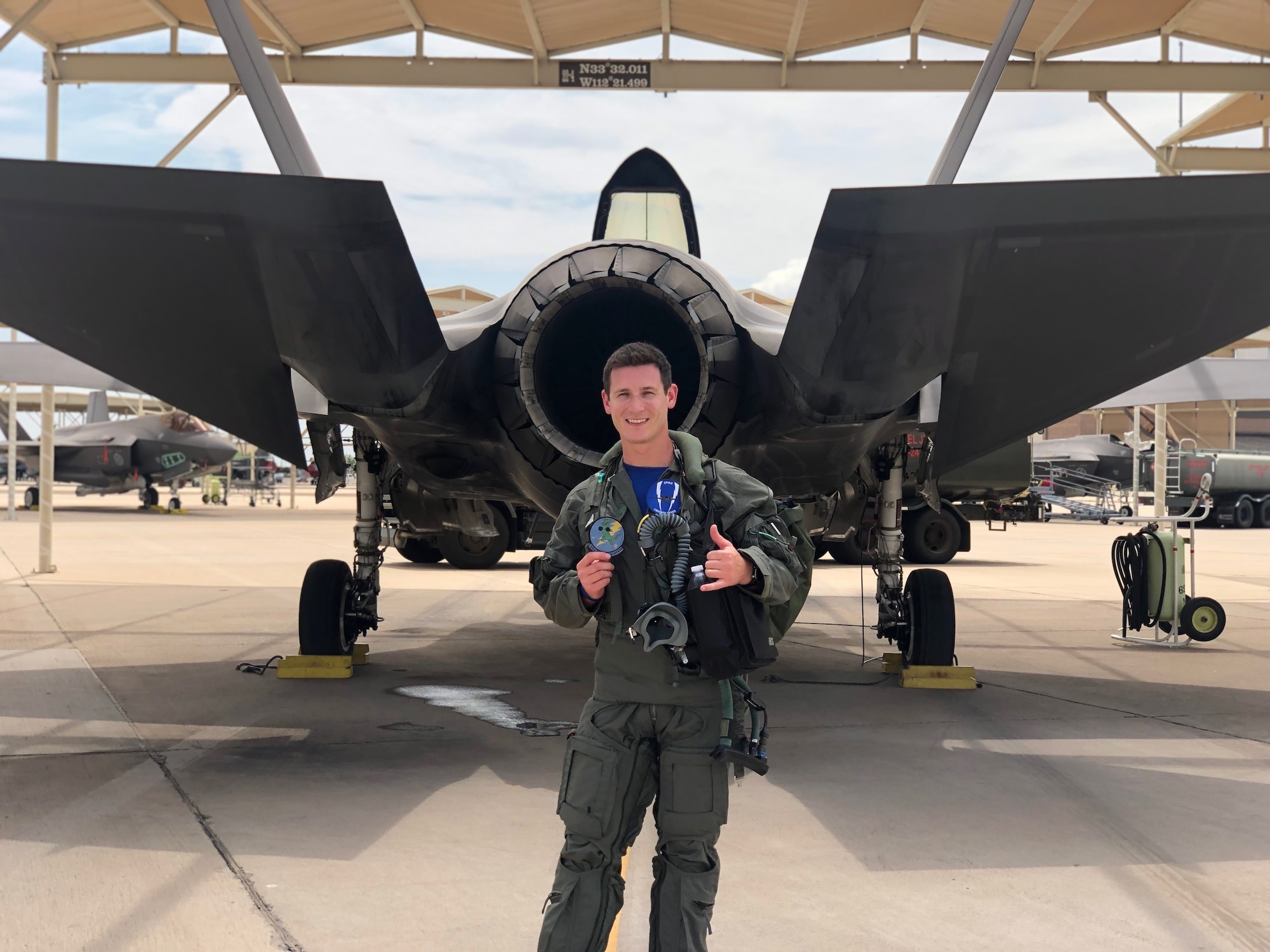 U.S. Air Force Capt. Joseph “Sic” Scerra, an F-15C Eagle pilot assigned to the 159th Fighter Squadron, 125th Fighter Wing, Florida Air National Guard, is pictured before an F-35A Lightning II ahead of his historic flight near Luke Air Force Base, AZ, Aug. 13, 2021. Scerra is the first 159th FS pilot to complete a sortie flying an F-35A. The milestone arrived on the heels of the release of the final Environmental Impact Statement confirming Jacksonville as the next home of the F-35A Lightning II. The new aircraft will replace the legendary F-15C Eagle currently flown by the 125th Fighter Wing. (Courtesy photo)