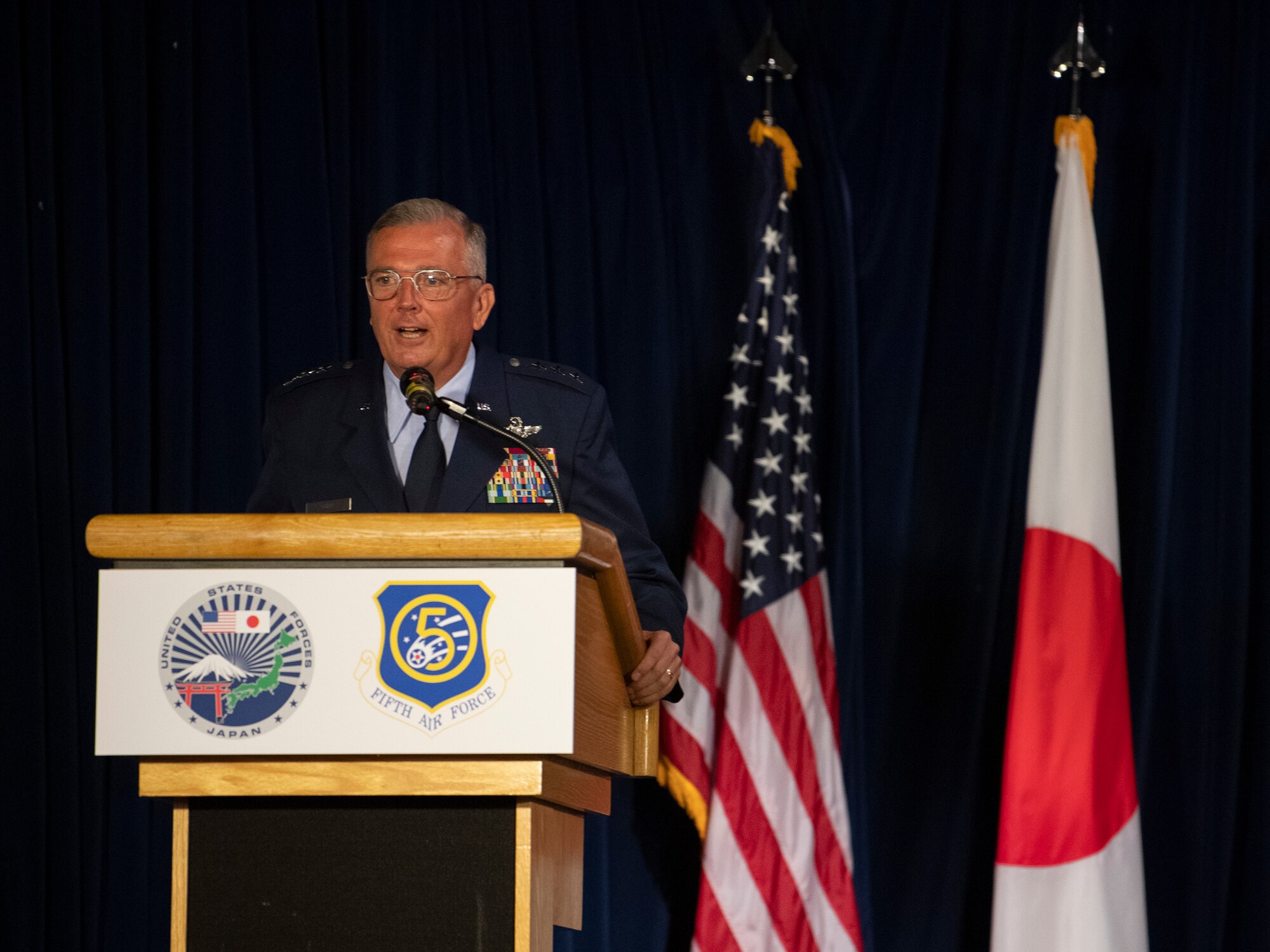 Lt. Gen. Ricky N. Rupp, U.S. Forces Japan and 5th Air Force commander, speaks during the USFJ and 5th AF change of command ceremony at Yokota Air Base, Japan, Aug. 27, 2021.