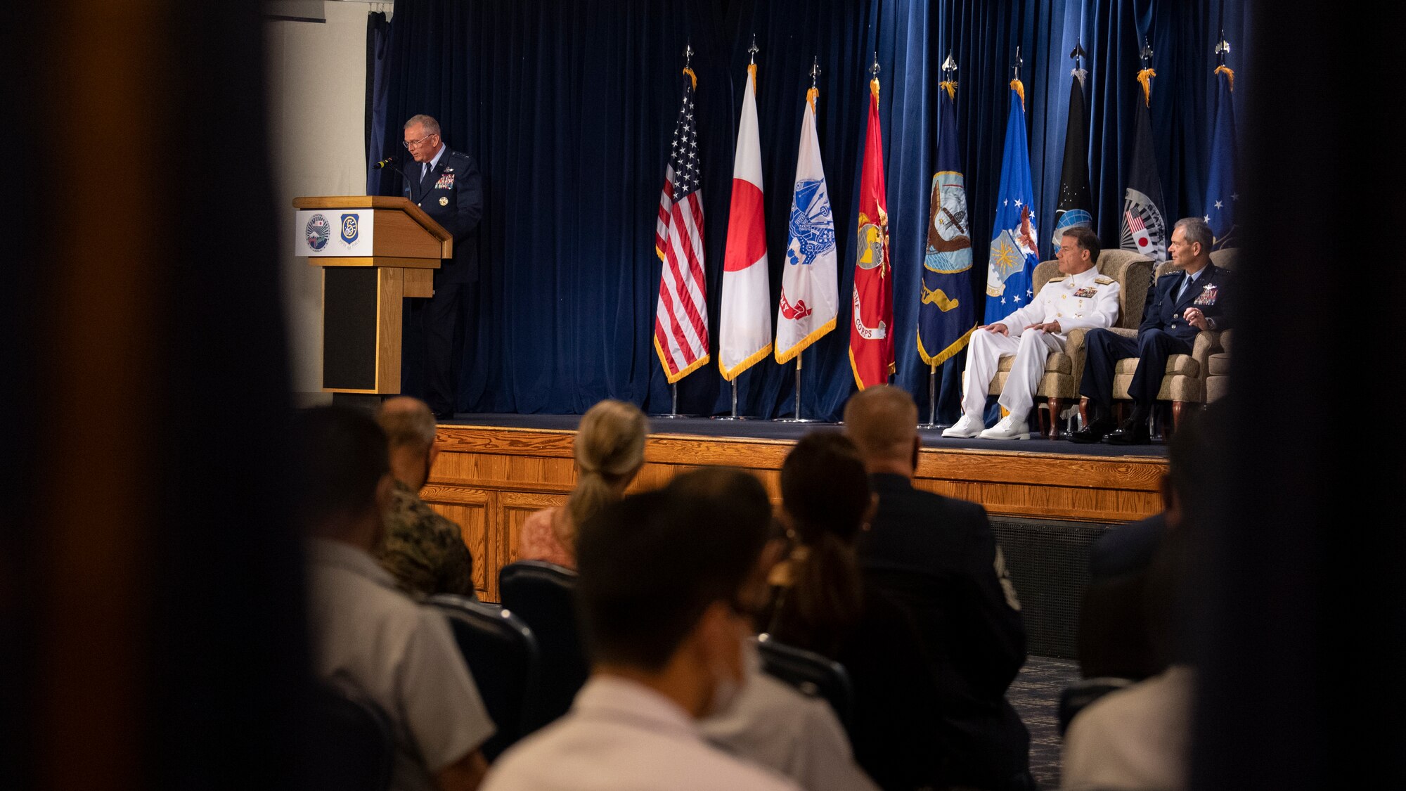 Lt. Gen. Ricky N. Rupp, U.S. Forces Japan and 5th Air Force commander, speaks during the USFJ and 5th AF change of command ceremony at Yokota Air Base, Japan, Aug. 27, 2021.