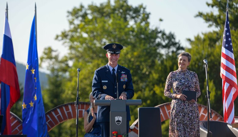 U.S. Air Force Brig. Gen. Jason E. Bailey, 31st Fighter Wing commander, speaks at the Andraž Memorial at Andraž nod Polzelo, Slovenia, Aug. 25, 2021. In 1944, the U.S. B-17 bomber ‘Dark Eyes’ was shot down over Andraž nod Polzelo and the memorial to ‘Dark Eyes’ was dedicated on March 22, 2014. ‘Dark Eyes’, part of the 96th Squadron, 2nd Bomber Group (Heavy), was on a mission to bomb the airdome at Klagenfurt, Austria, when it took on heavy flak, exploded, and went down. (U.S. Air Force photo by Senior Airman Brooke Moeder)
