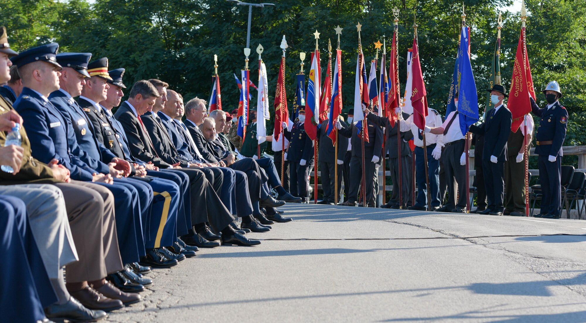 U.S. Air Force leadership from the 31st Fighter Wing, attend the Andraž Memorial in Andraž nod Polzelo, Slovenia, Aug. 25, 2021. In 1944, the U.S. B-17 bomber ‘Dark Eyes’ was shot down over Andraž nod Polzelo and the memorial to ‘Dark Eyes’ was dedicated on March 22, 2014. Members killed in action included U.S. Air Force 1st Lt. Herman S. Lavine, 2nd Lt Arthur L. Hyatt, 2nd Lt George J. Seamans, Staff Sgt. Michael A. Croccia, Staff Sgt. Virgil Lazar, Staff Sgt. Oscar Rome, Staff Sgt. Robert R. Cary, Staff Sgt. Harold E. Hansen and prisoners of War included 2nd Lt Louis M. Boehm and Staff Sgt. Kenneth C. Cook. (U.S. Air Force photo by Senior Airman Brooke Moeder)