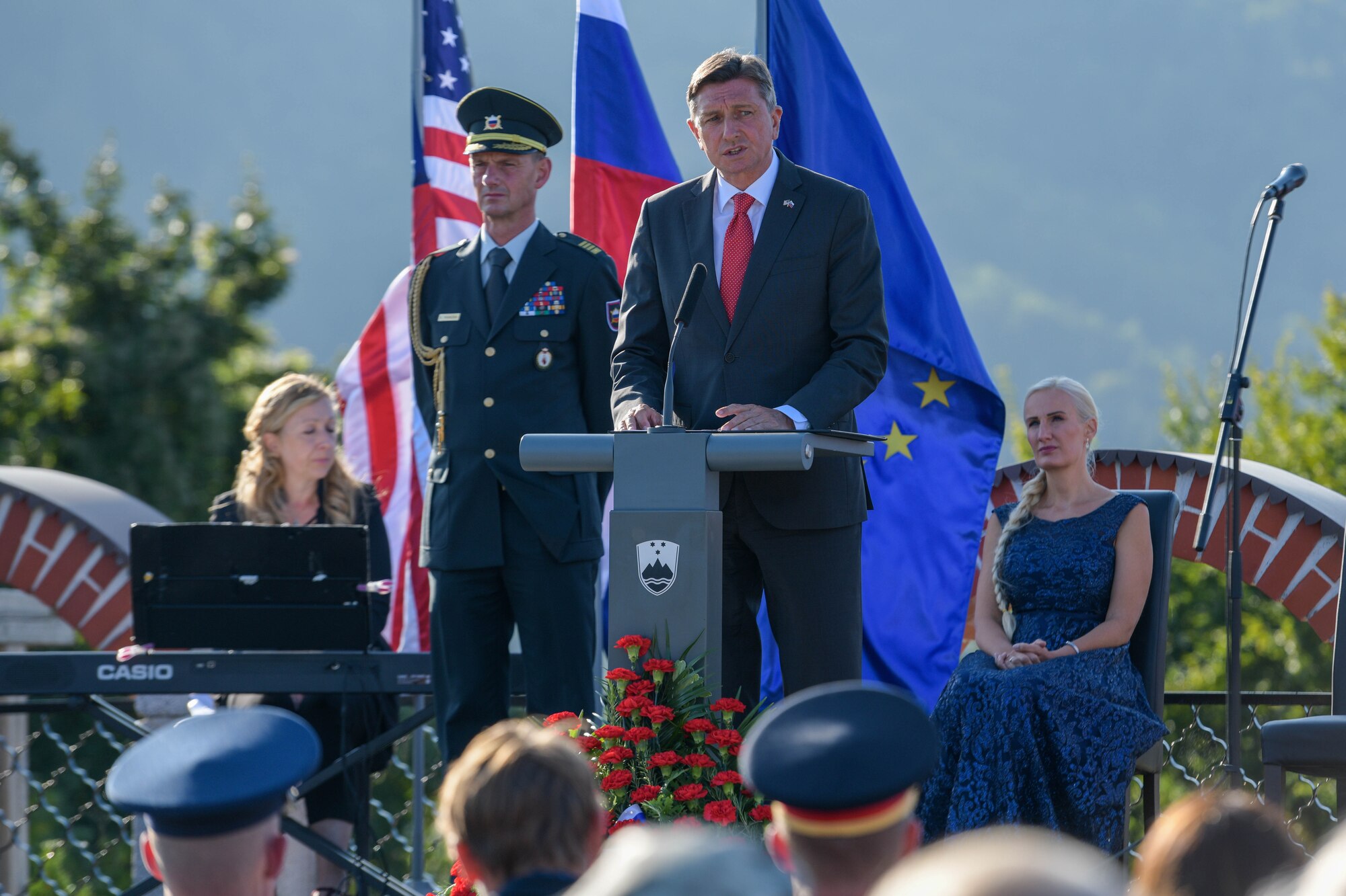 Borut Pahor, Slovenian President of the Republic, speaks at the Andraž Memorial in Andraž nod Polzelo, Slovenia, Aug. 25, 2021. In 1944, the U.S. B-17 bomber ‘Dark Eyes’ was shot down over Andraž nod Polzelo and the memorial to ‘Dark Eyes’ was dedicated on March 22, 2014. In December 2012, Pahor was elected the fourth President of the Republic of Slovenia and in November 2017 he was re-elected for a second term. (U.S. Air Force photo by Senior Airman Brooke Moeder)