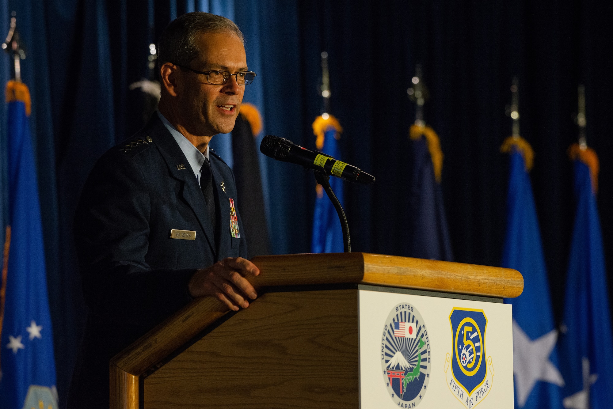 U.S. Air Force Gen. Ken S. Wilsbach, Pacific Air Forces commander, speaks during the U.S. Forces Japan and 5th Air Force change of command ceremony at Yokota Air Base, Japan, Aug. 27, 2021.