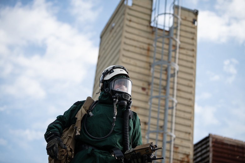 A search and extraction medic assigned to one of the Indiana National Guard emergency response functions searches for victims during a simulated earthquake scenario as part of exercise Homeland Defender 2021 at Muscatatuck Urban Training Center, Ind., Aug. 14, 2021. Homeland Defender is an annual disaster response training exercise involving military and civilian emergency management agencies from throughout the Hoosier state, where emergency responders coordinate and deploy together in scenarios that reflect real-life emergencies and disasters. (U.S. Air National Guard photo by Tech. Sgt. L. Roland Sturm)