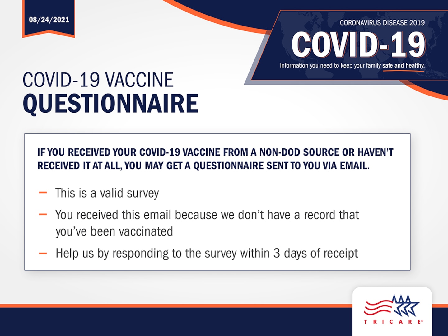 Did you get an email asking you to take a #COVIDVaccine Questionnaire? Please take a few moments to complete it! Feel confident knowing that it’s a safe and valid questionnaire from the #DOD.