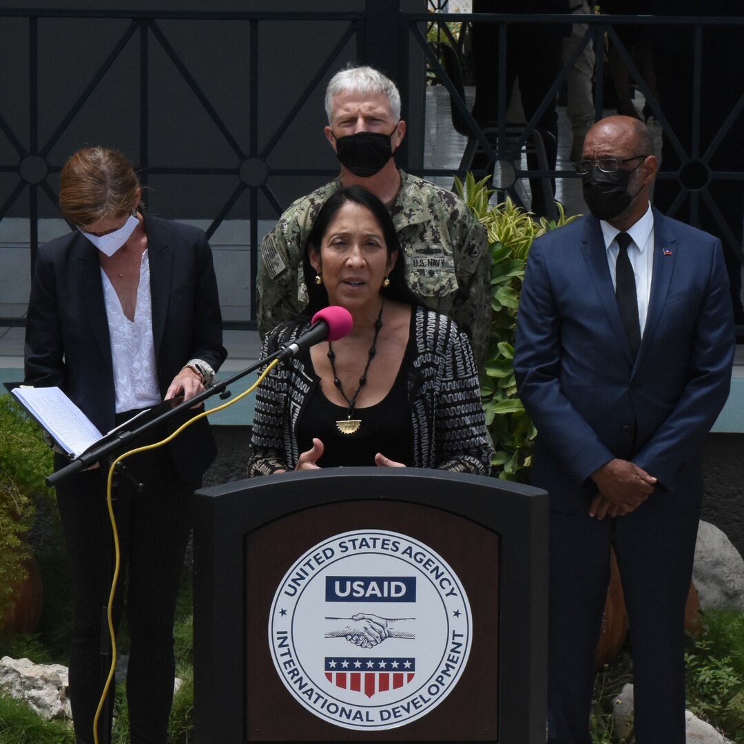 Hon. Michele Sison, U.S. Ambassador to Haiti, gives a press brief to the media in Port-au-Price, Haiti Aug. 26, 2021.