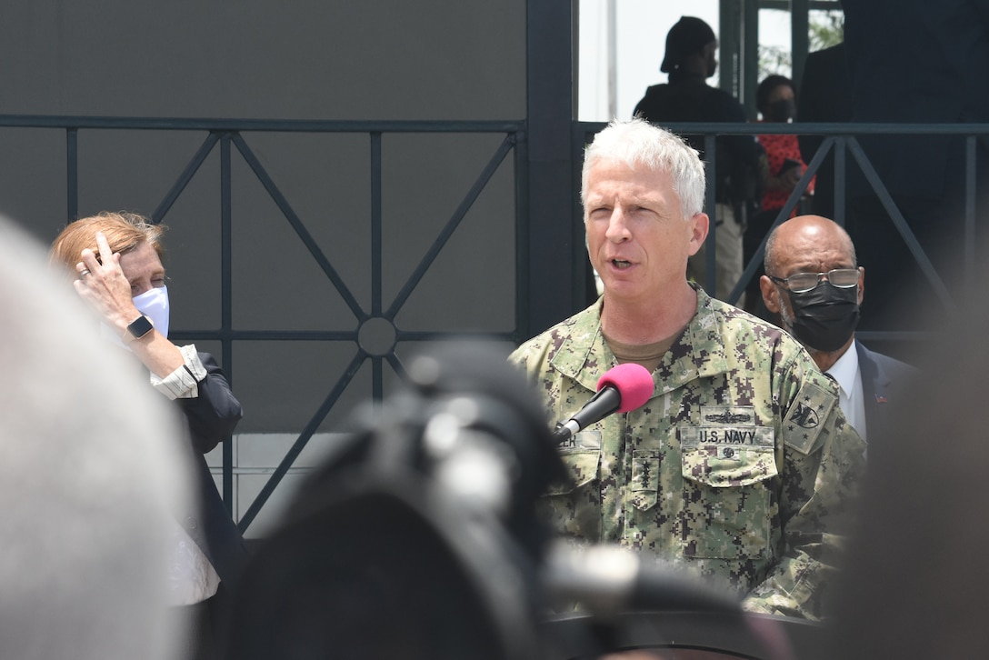 Navy Adm. Craig Faller, U.S. Commander of Southern Command, gives a press brief in Port-au-Prince, Haiti Aug. 26, 2021.